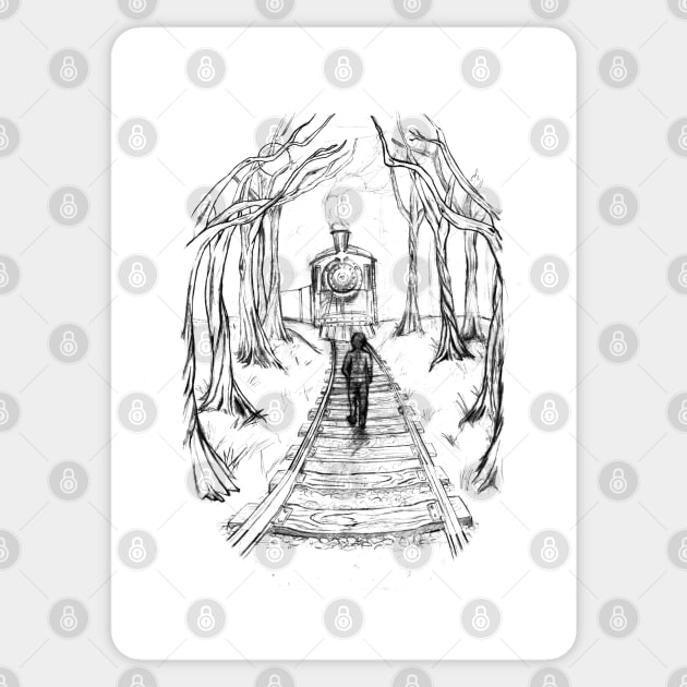 Old Railroad , Black and White boy and train in woods with moon landscape creepy Illustration Sticker by IrenesGoodies